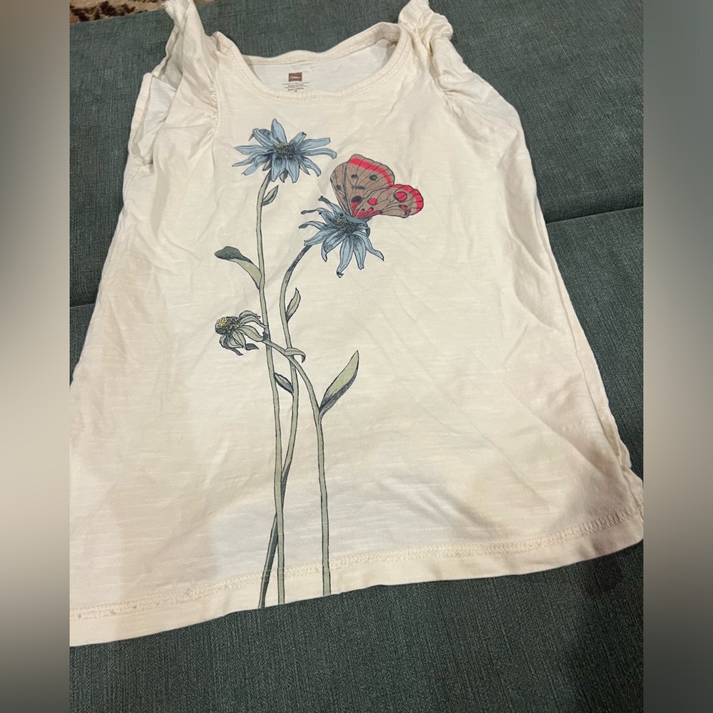 Tea Collection Cream Top with Blue Floral Design